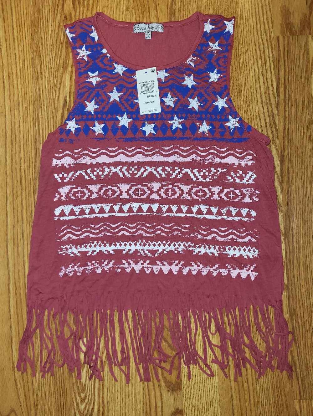 Almost Famous Maroon Fringe Tank with Patriotic Blue Star & White Aztec Motifs